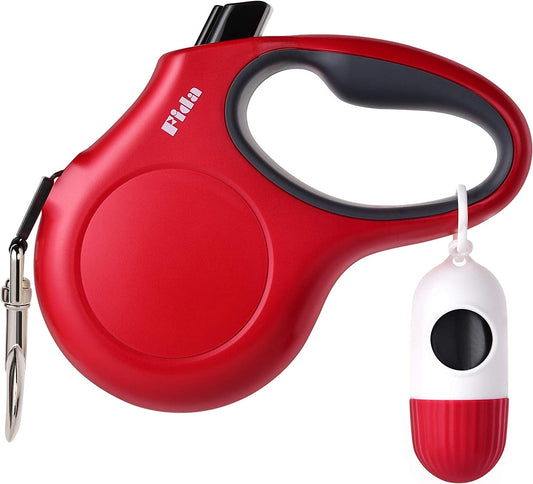 Premium Retractable Dog Leash with Poop Bag Dispenser - 16 Ft Tangle-Free Nylon Leash for Medium Dogs & Cats (up to 44 lbs) - Anti-Slip Handle & Reflective Design (Red)
